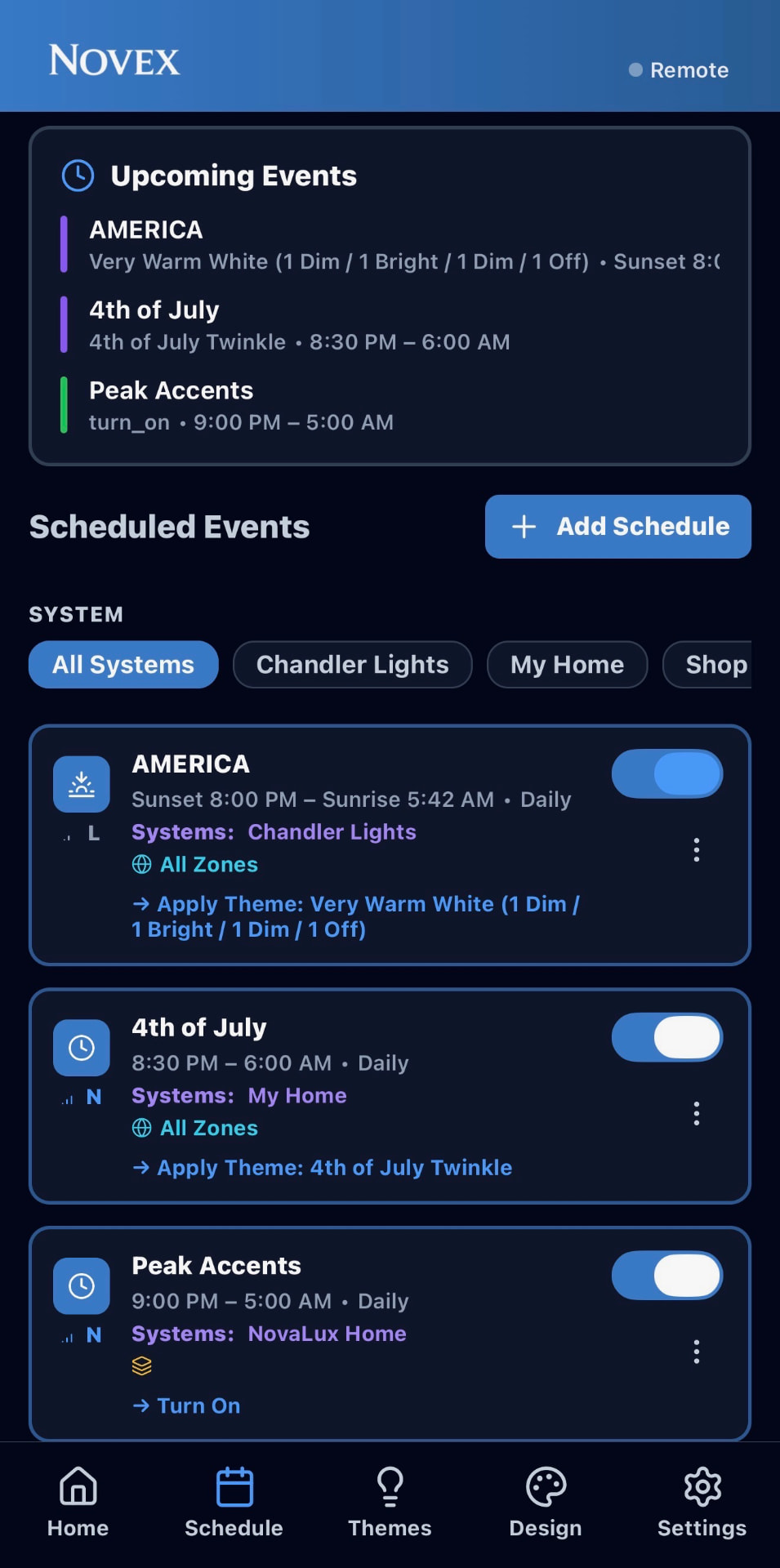Novex app schedule screen with upcoming lighting events