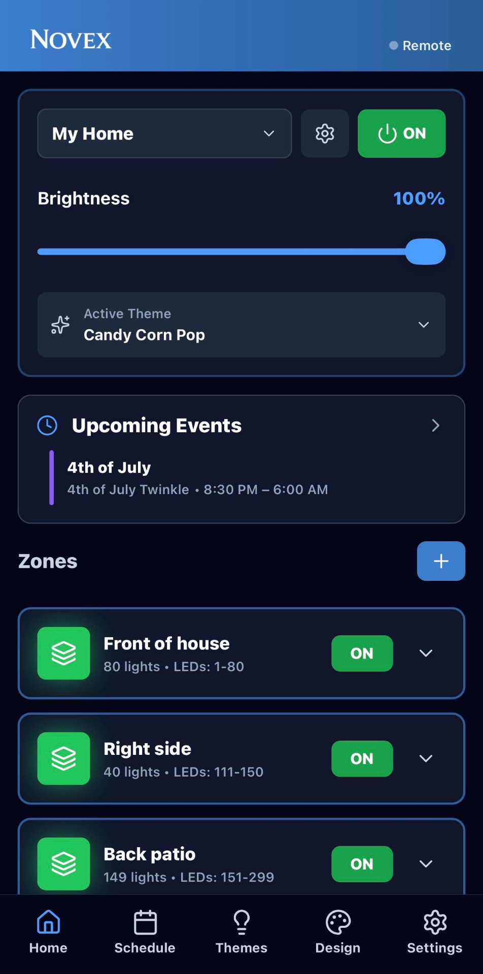 Novex app home screen showing brightness and lighting zones