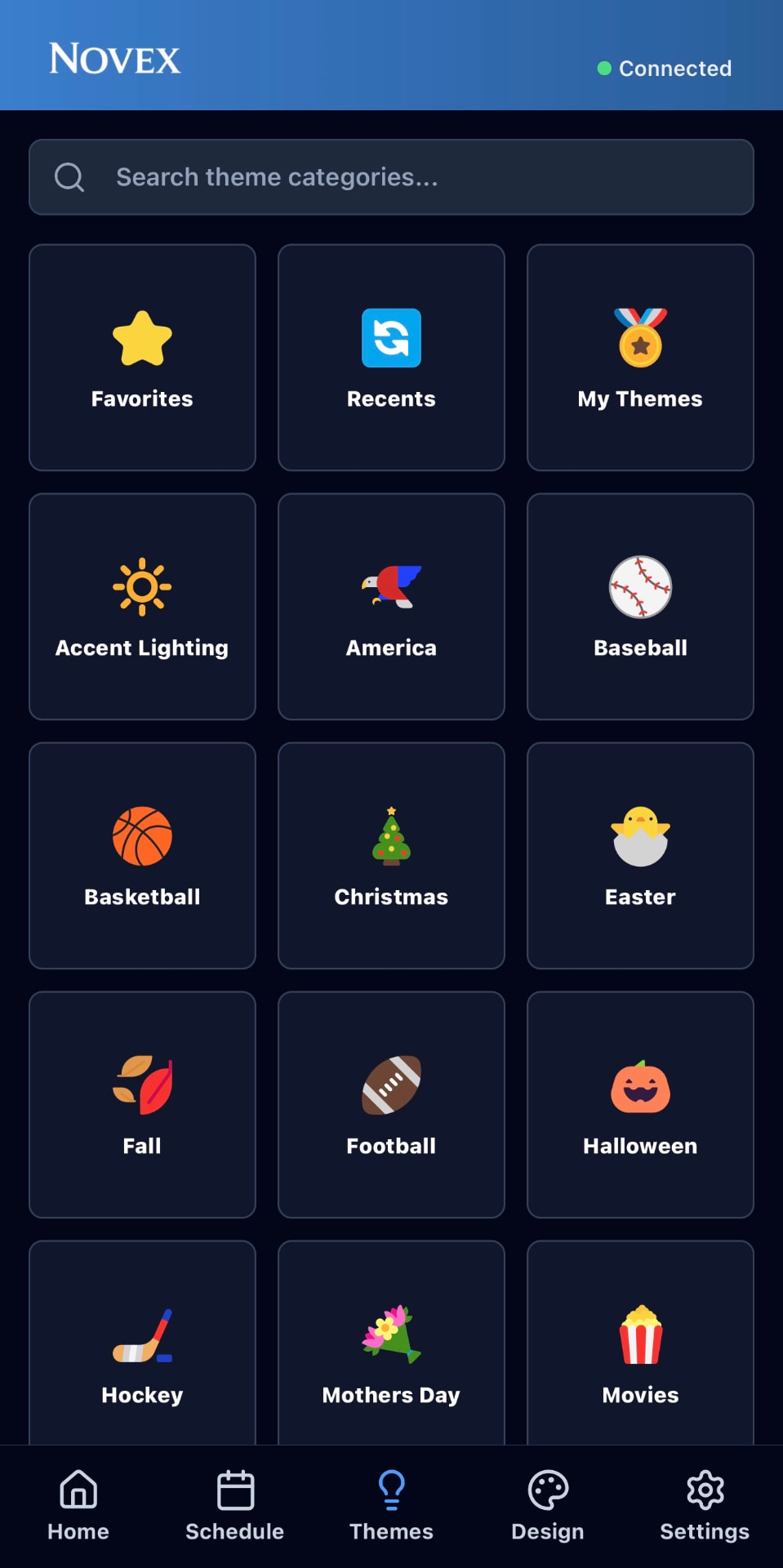 Novex app themes screen with holiday and sports categories